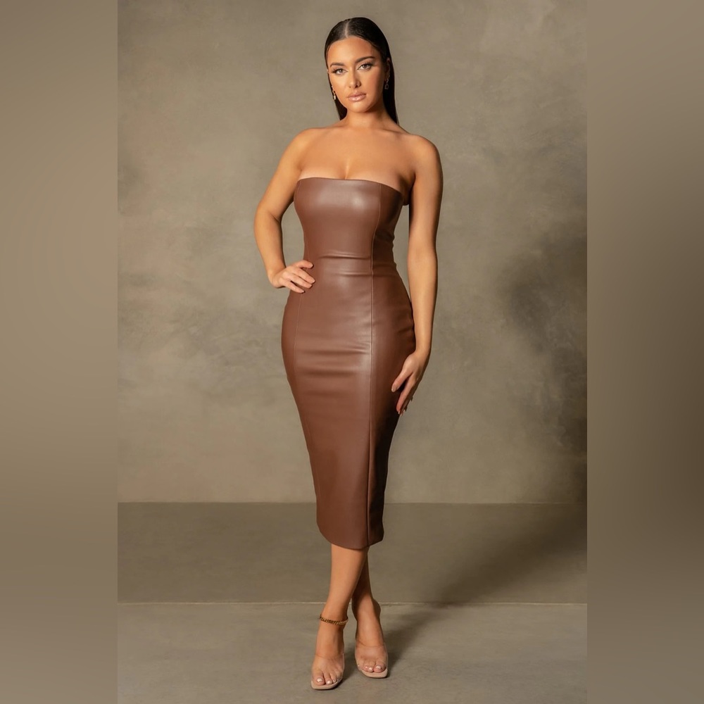 Meshki Faux Leather Strapless Dress